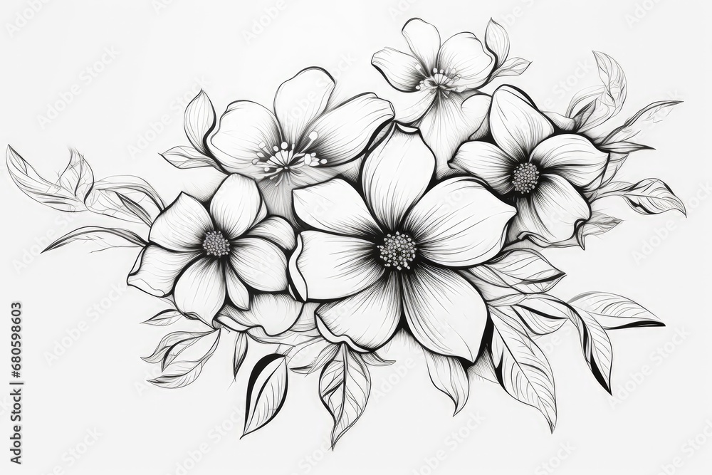 Coloring book flowers doodle style black outline.