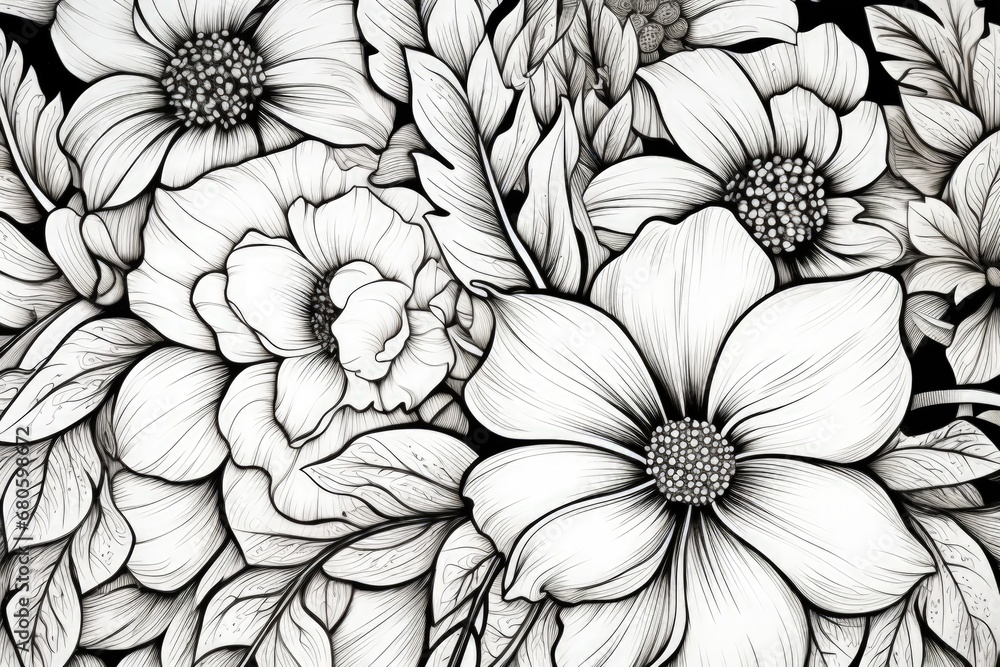 Coloring book flowers doodle style black outline.