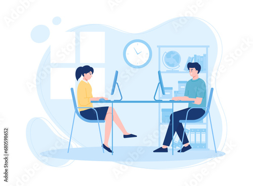 Man and woman doing business work as a team concept flat illustration