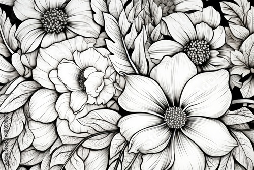 Coloring book flowers doodle style black outline.