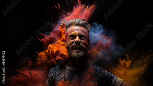 portrait of a man with a colorful powder on face