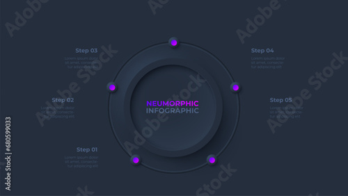 Cycle diagram with 5 options or steps. Dark infographic neumorphism template photo