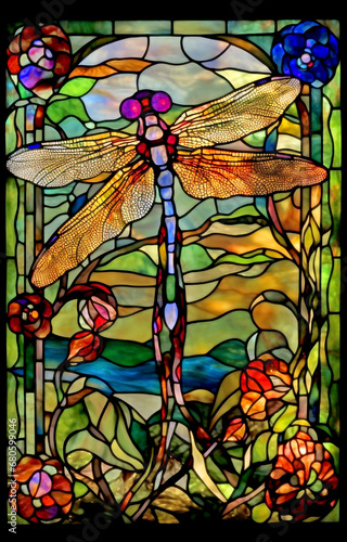 Libelle - Glasmalerei Mosaik von Tieren am Teich - buntes Tiffany Glas