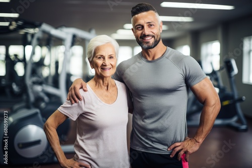 Senior woman exercising with trainer at gym