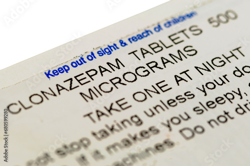 Box of Clonazepam tablets 500 micrograms for the treatment of sleep disorders and epilepsy. photo