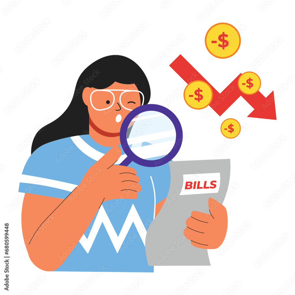 Flat illustration of woman worry about paying bills Flat illustration of woman worry about paying bills