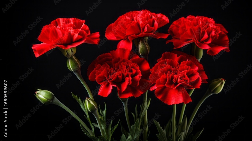 Fototapeta premium mourning red carnations on a black background.