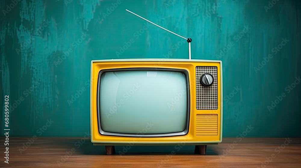 retro tv set on green background. A Retro old yellow TV front on turquoise wall copy space background