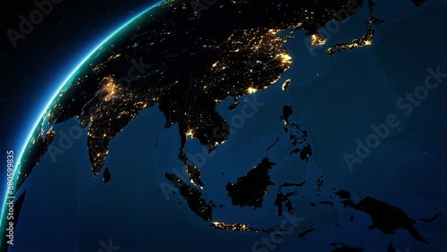 Great view of Asia Continent at Night With City Lights. Animation of Earth Seen From Space. China Japan, India, Malaysia, Vietnam.
 photo