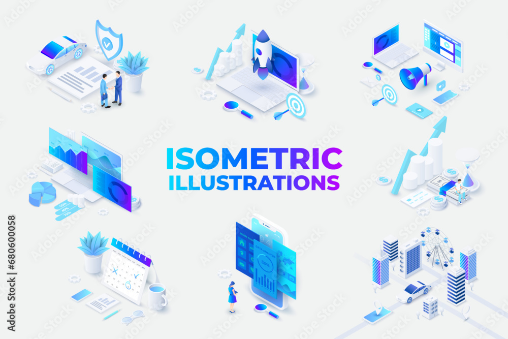 Set of isometric illustrations with characters for landing page, advertisement or presentation. Data analysis, management, SEO, planning and startup business - obrazy, fototapety, plakaty 