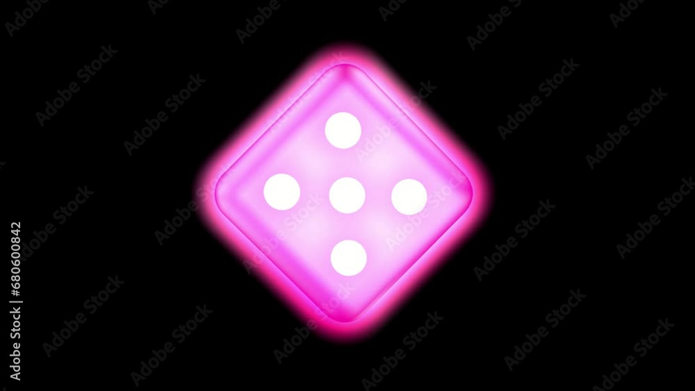 The neon pink dice is spinning on a black background. 3D animation The neon pink dice is spinning on a black background. 3D animation