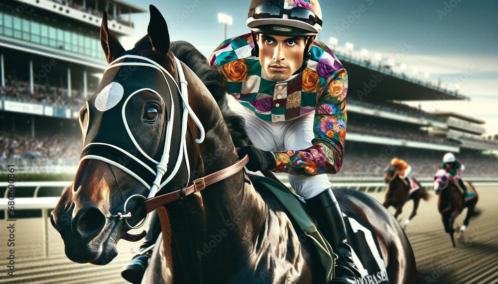 Jockey and Racing Horse at the Racetrack