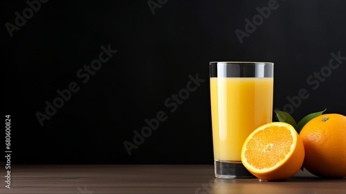 orange juice in a glass on a black background.