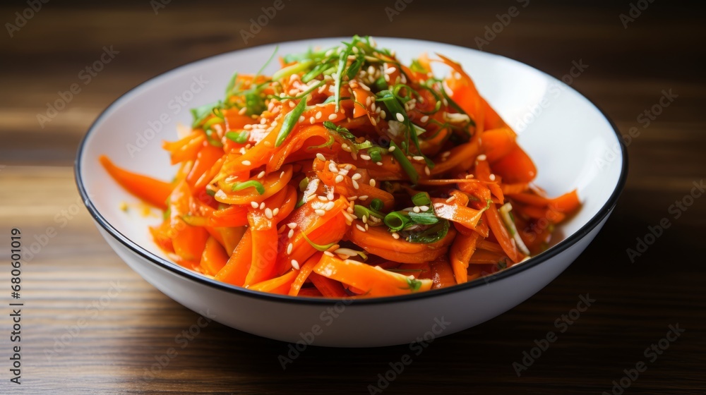 baked carrots sprinkled with sesame seeds in a plate. baked carrots sprinkled with sesame seeds in a plate.