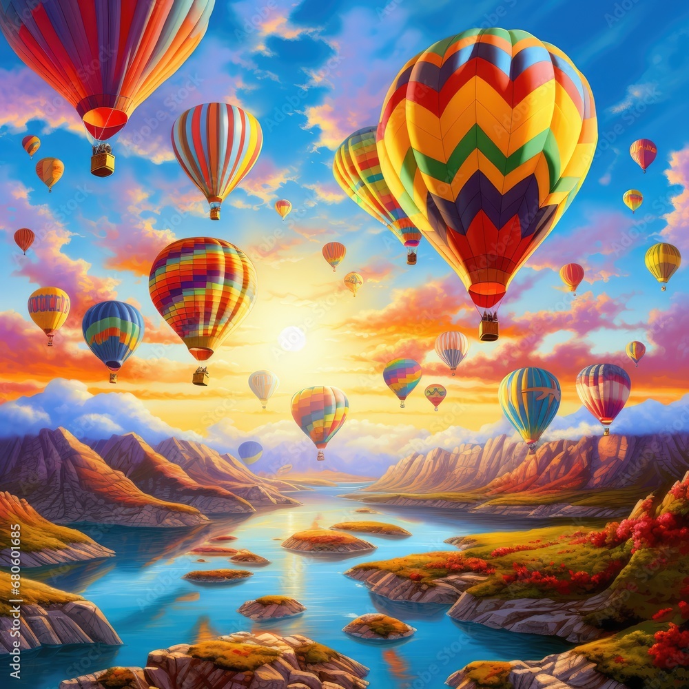 Obraz premium Joyful Ascension: Experience the Festivity Soaring High with Our Colorful Rising Balloons. Generativ Ai.