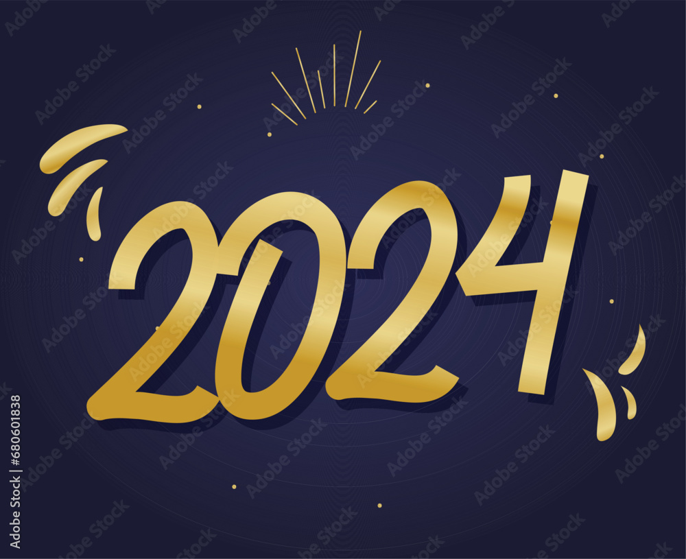 Happy New Year 2024 Holiday Abstract Gold Graphic Design Vector Logo Symbol Illustration With Blue Background