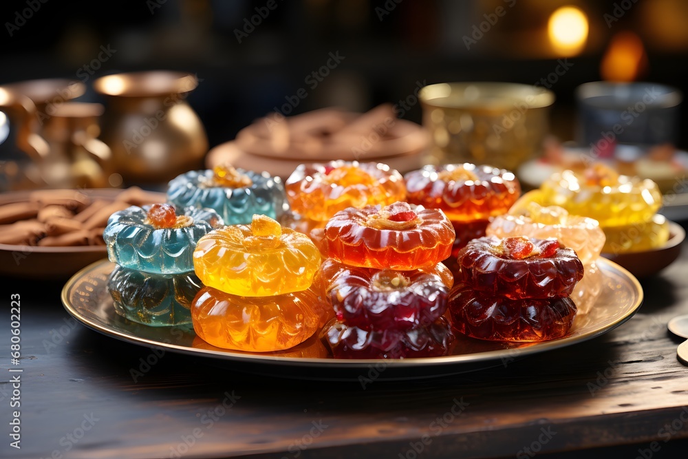 Turkish delight in glass bowl on wooden table. Traditional oriental sweets.