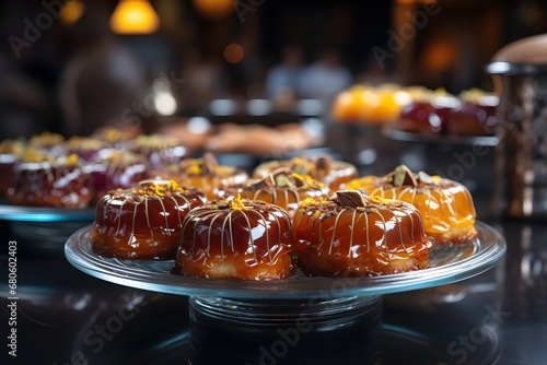 Close up of delicious glazed donuts on glass plate in cafe