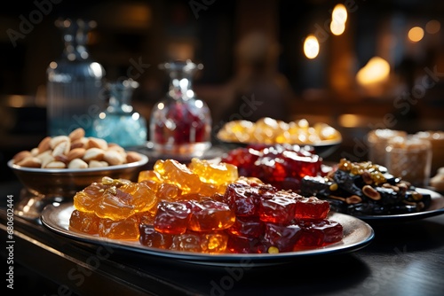 Assorted candied fruits on a wooden table in a restaurant. photo