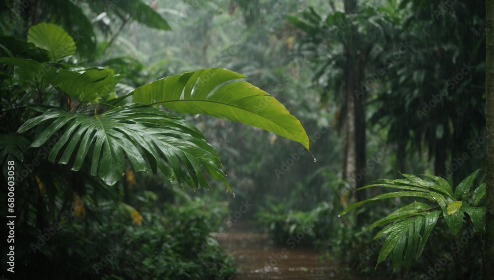 Tropical rain pouring down on the jungle, nourishing the plants and wildlife - AI Generative Tropical rain pouring down on the jungle, nourishing the plants and wildlife - AI Generative