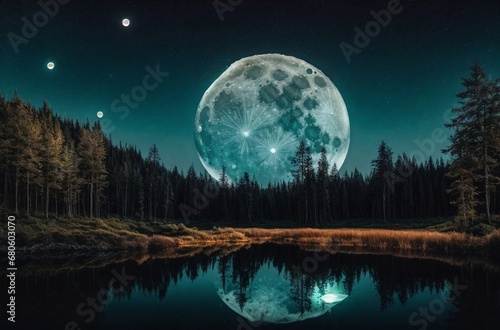 Night Landscape with Giant Blue Moon