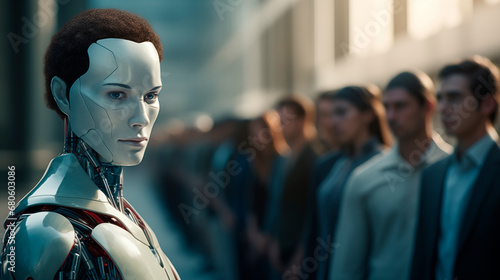 Competition in work between artificial intelligence and humans. The robots look at the line of people standing opposite them. Close-up of the robot's face