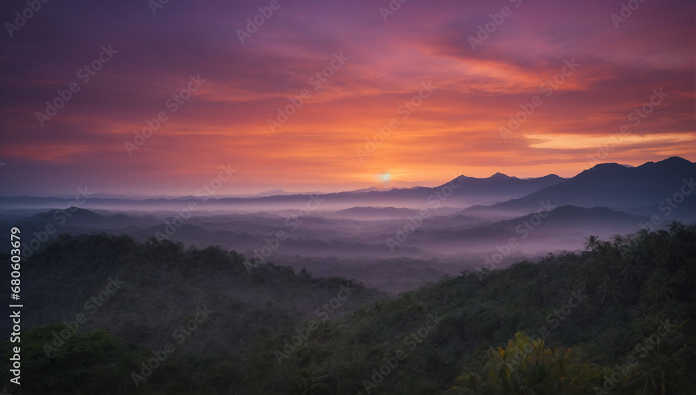 Twilight setting over the jungle, painting the sky in hues of orange and purple - AI Generative