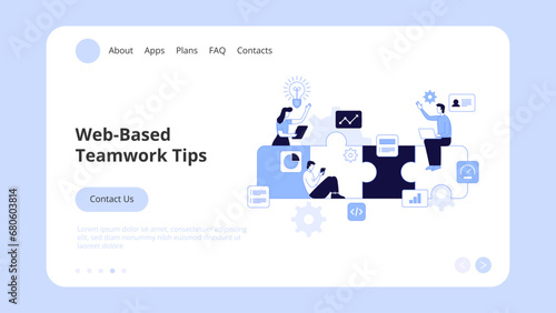 Vector illustration of internet communication Team metaphor People connecting puzzle elements social networks. Concept Landing Page Template, Website Banner, Advertisement and Marketing Material