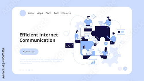 Vector illustration of internet communication Team metaphor People connecting puzzle elements social networks. Concept Landing Page Template, Website Banner, Advertisement and Marketing Material