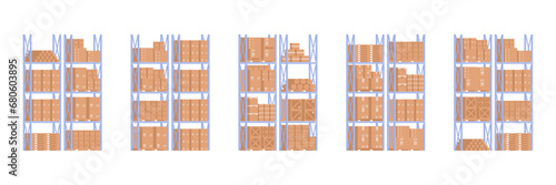Empty warehouse panoramic background for goods storage. Warehouse interior with cardboard boxes on metal shelves. Inside stock room with cargo cardboard and shutter doors. Flat vector illustration