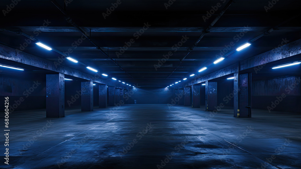 Dark Blue Led Brick Glowing Concrete Tunnel Corridor Garage Underground Dark Night Empty Industrial Car Showroom Parking modern