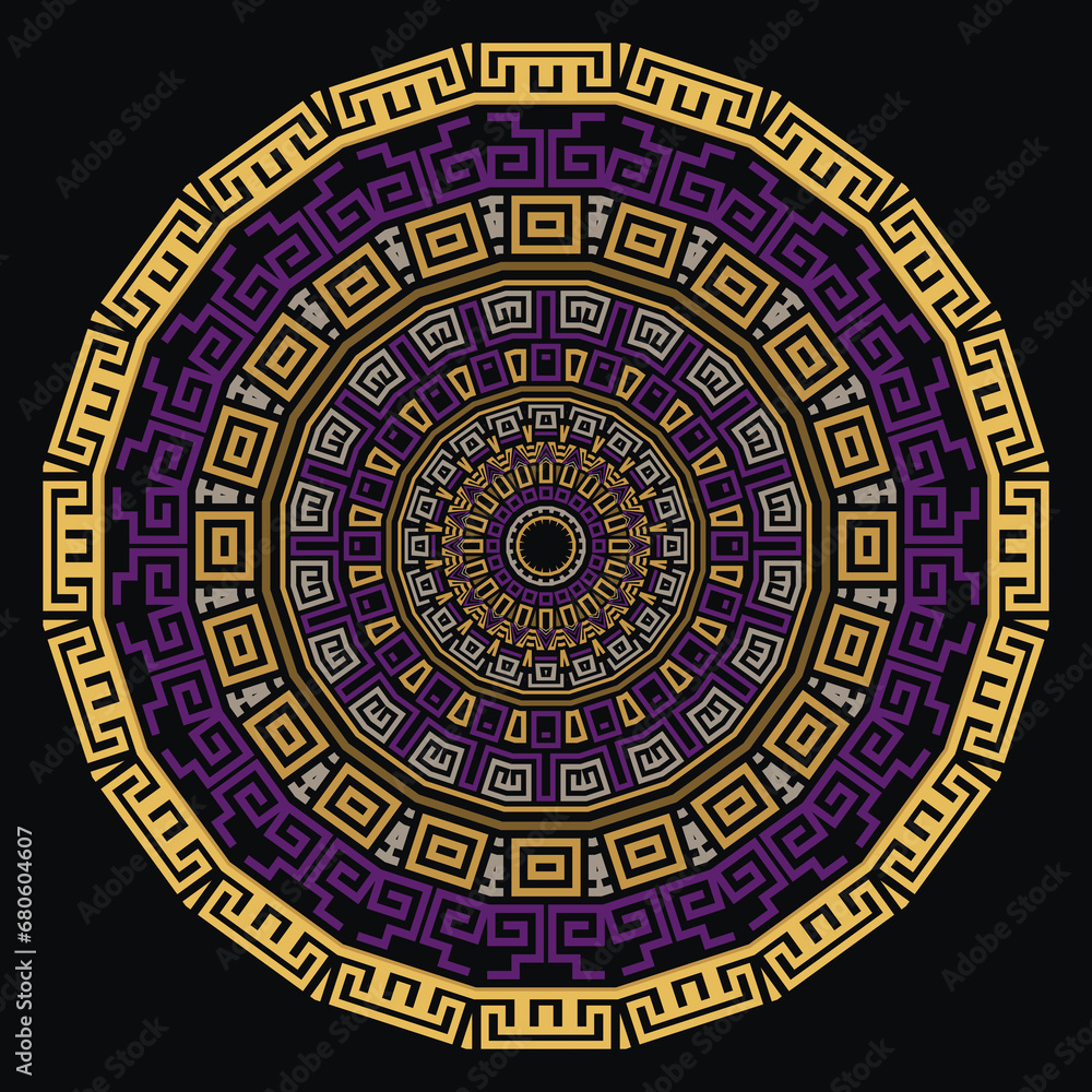 Beautiful colorful round greek key meanders mandala pattern on black background. Decorative circle ancient greece style trendy fractal ornament. Isolated design. Greek ornamental frame, border