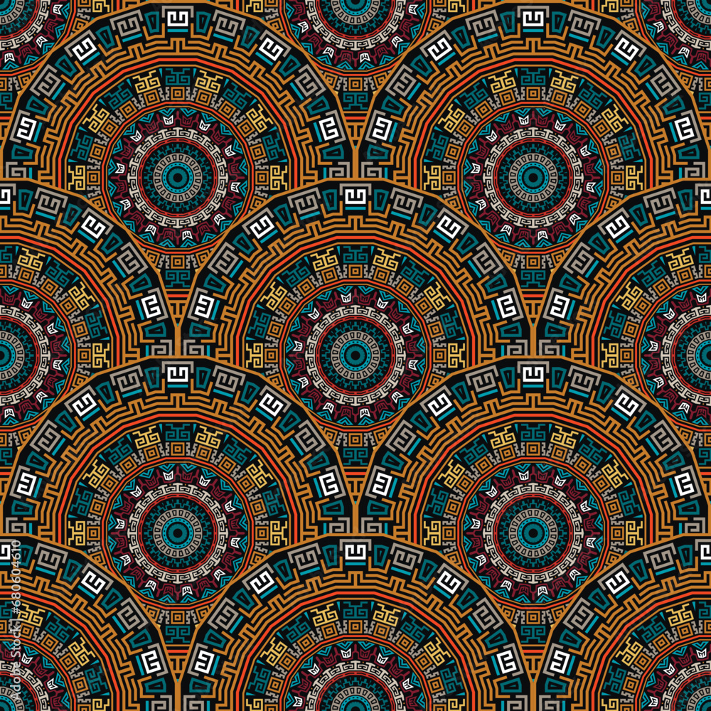 Tiled colorful greek round mandalas seamless pattern. Multicolored vector background. Repeat ornamental tribal ethnic backdrop. Ancient greece style mandalas ornament with greek key meanders, circles
