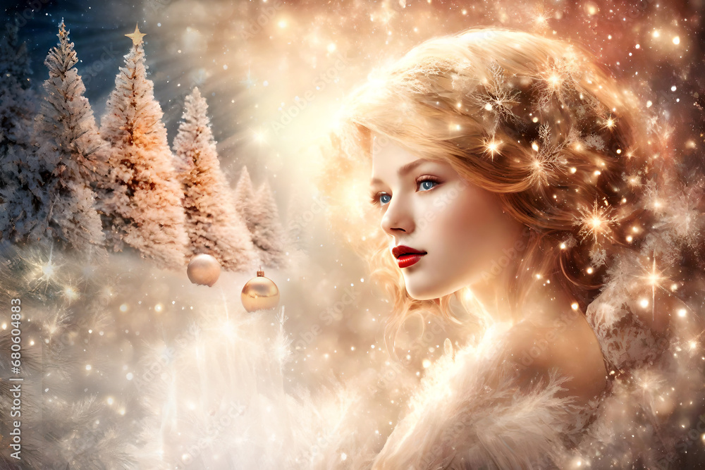 Christmas winter angel archangel with angelic lights, snowflakes, christmas decorations and dreamy ethereal style Christmas winter angel archangel with angelic lights, snowflakes, christmas decorations and dreamy ethereal style