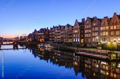 Buildings along the side of the Motława River, Gdansk, Poland at night