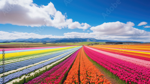 field of tulips on  blue sky background