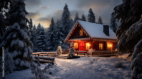 The world most beautiful Wallpaper, Landscape and Background Generative Ai technology, Cabin in the alpine, House in the woods while it is snowing. is snow-covered.