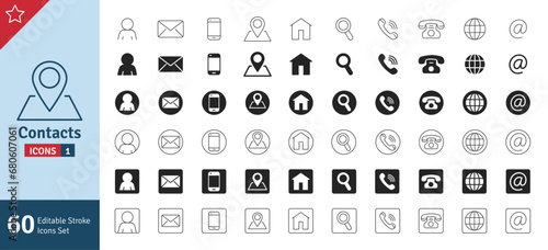 Contact Icon Set. Editable Stroke. Mobile, Email, Telephone, Location, Globe, Home, Address, People, Magnifying Glass and Many More.