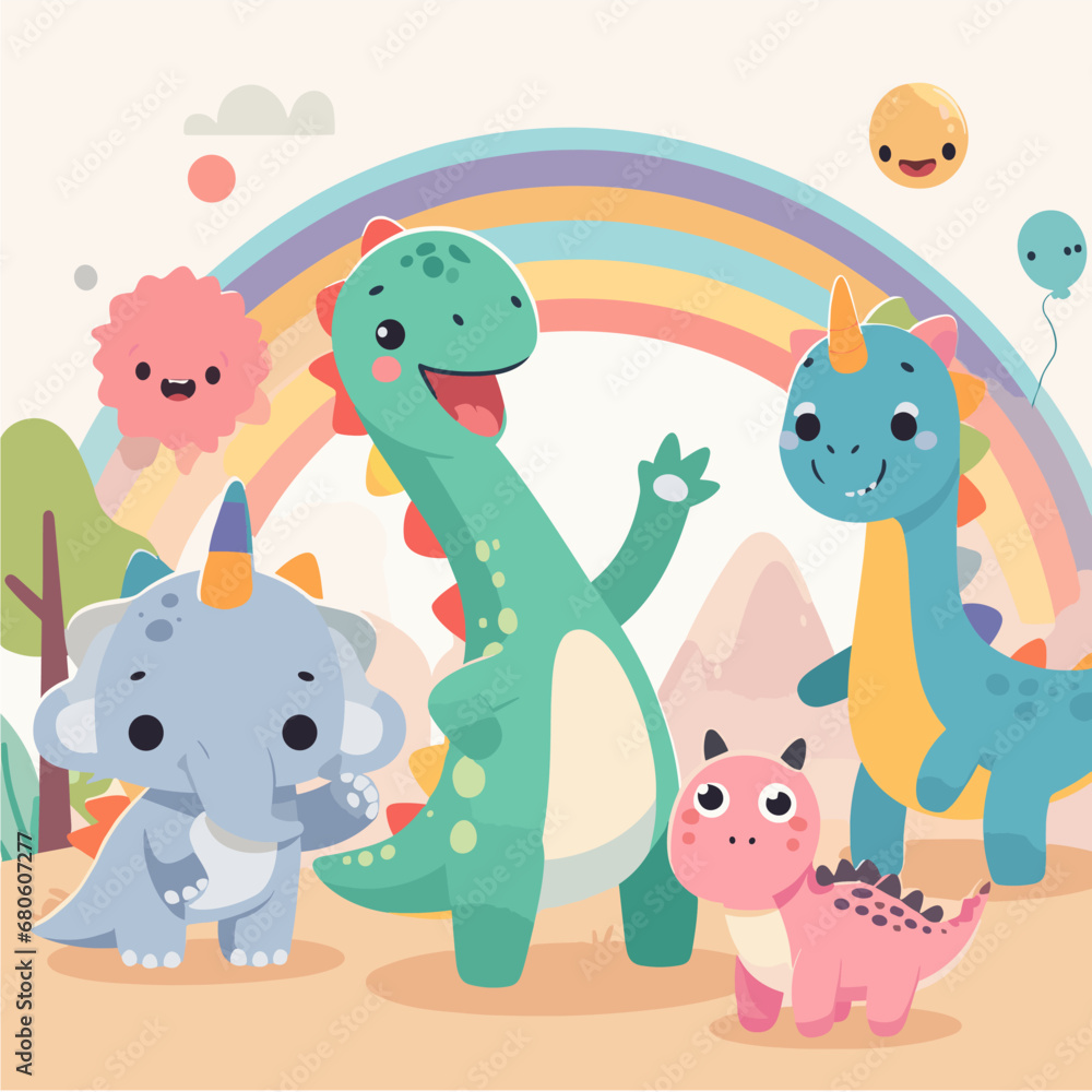 Naklejka premium Dinosaurs and cute friends 
