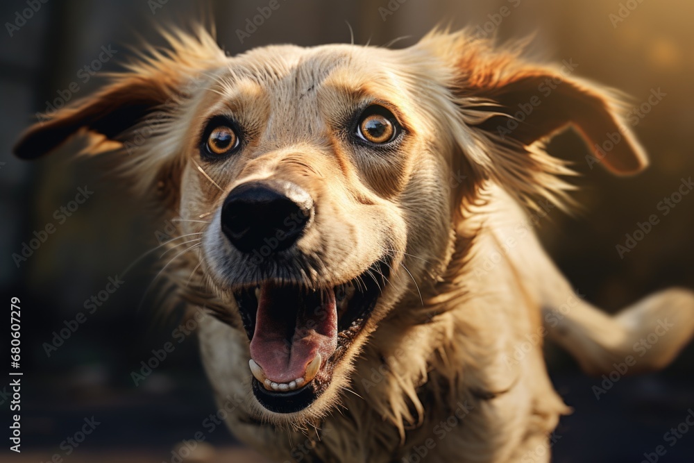 A close-up photograph of a dog with its mouth open. This image captures the dog's expressions and the details of its teeth and tongue. Perfect for animal lovers and pet-related projects