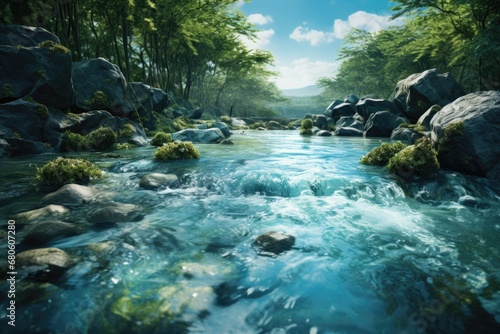 A picture of a peaceful river meandering through a vibrant and lush green forest. This image can be used to depict tranquility and nature's beauty in various projects