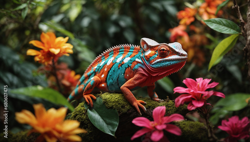 Vibrant chameleon blending into the colorful jungle flora - AI Generative