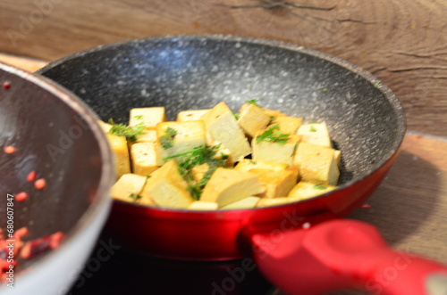 frying pan with vegetables, tofu
