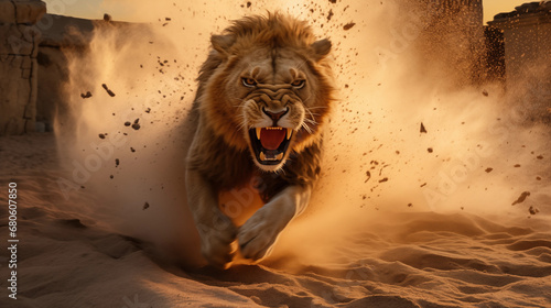 Ruthless Lion Racing for the Offensive, Claws Outstretched for a Deadly Assault, Generative AI