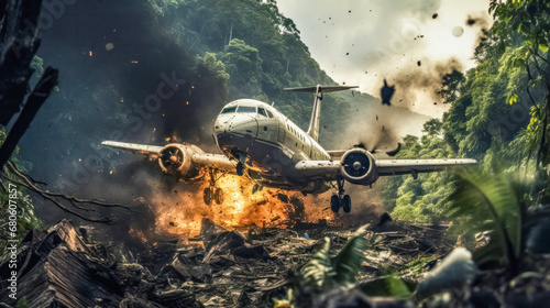Burning airplane in the jungle. A plane crashing and falling apart in the forest. War or plane crash concept.  Computer digital drawing.