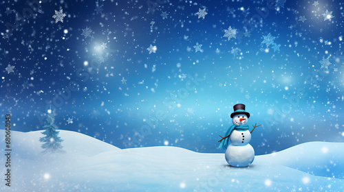 snowman in the snow with snowflakes falling in the background