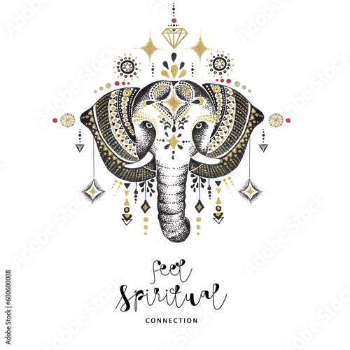Beautiful hand-painted elephant with ornament. Tattoo elephant with graphic elements.