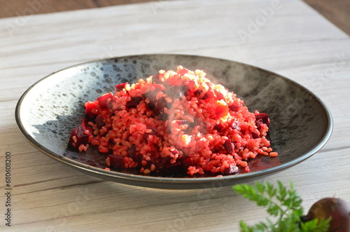 preparation of bulgur meal with beetroot, healthy diet food background