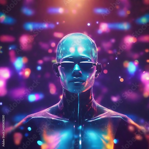 futuristic human face in neon hologram. 3d illustration. futuristic human face in neon hologram. 3d illustration. 3d rendering of futuristic human head in neon lights with holokeh