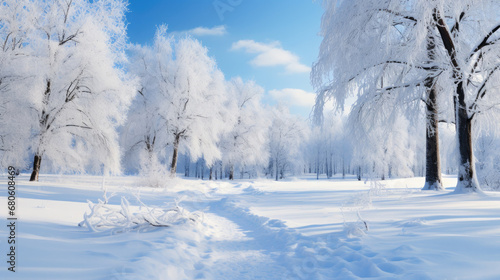 snow covered trees in winter,winter landscape in the mountains,White trees in forest covered with snow, snowdrifts and snowfall against blue sky in sunny day